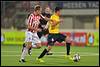 27-09-2014: Voetbal: FC Oss v Telstar: Oss
(L-R) Isvan Bakx of FC Oss, referee Jeroen Sanders, Jonathan Kindermans of Telstar - fe1409271110.jpg